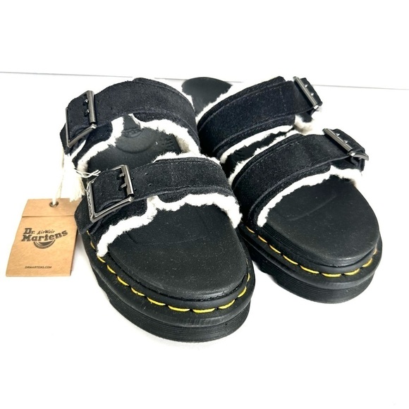 NWT Dr. Martens Myles black leather two-buckle sandals slide fur fleece NIB sz 6 - Picture 8 of 15
